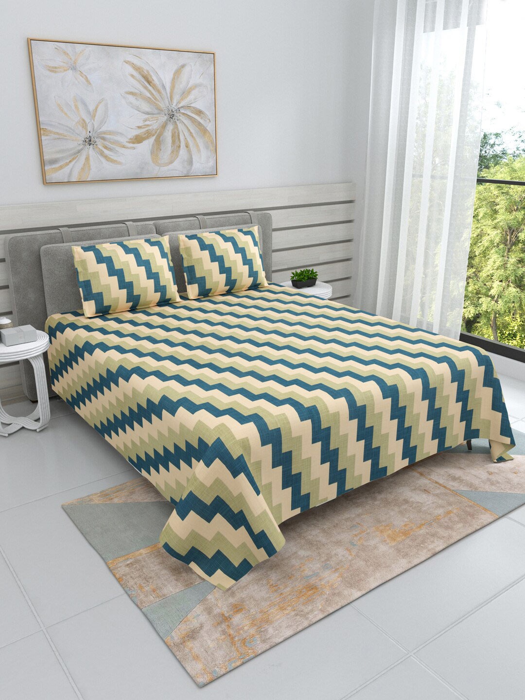 

DREAM WEAVERZ Blue & Green Cotton 220 TC Super King Bedsheet With 2 Pillow Covers
