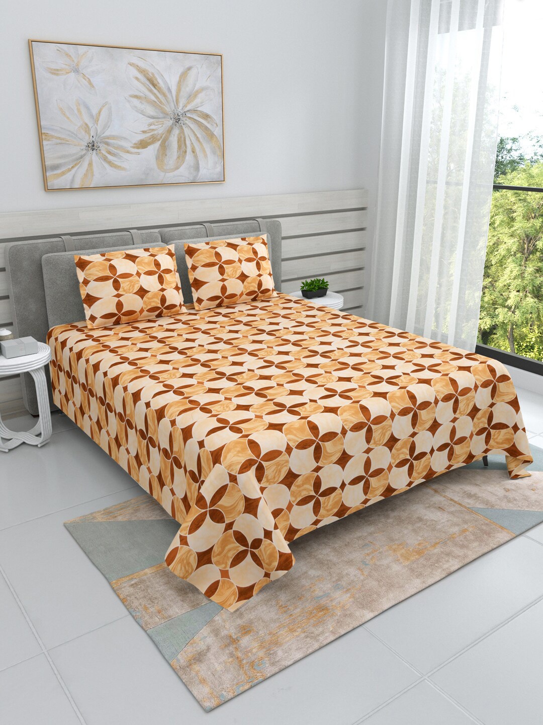 

DREAM WEAVERZ Orange & Brown Geometric Cotton 220 TC King Bedsheet with 2 Pillow Covers