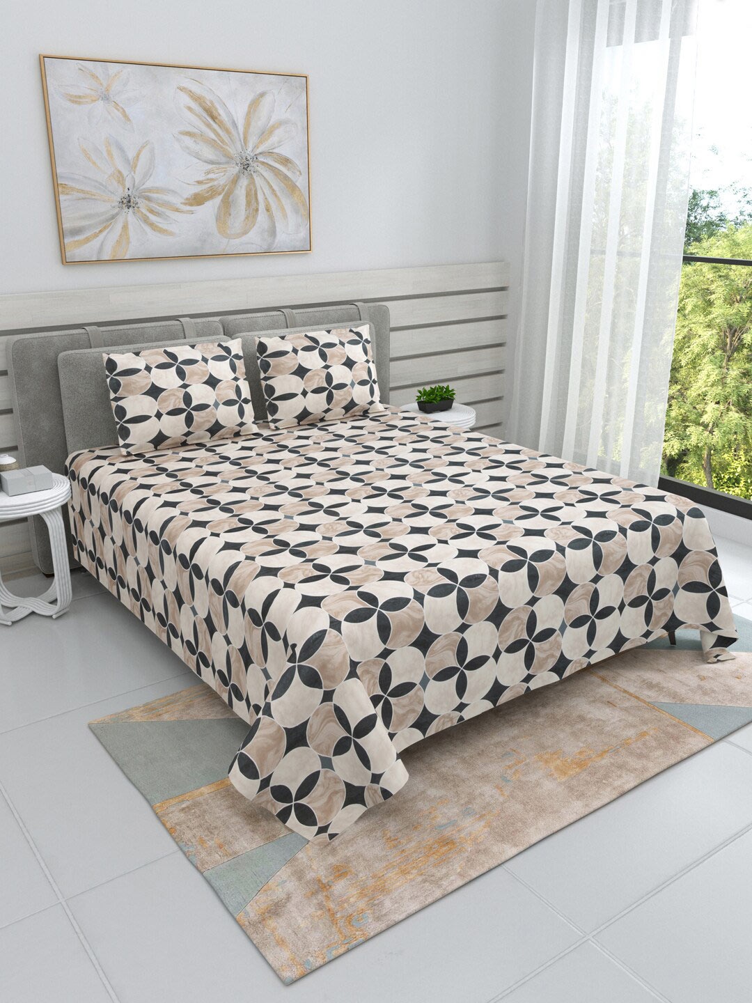 

DREAM WEAVERZ Beige & Grey Cotton 220 TC Super King Bedsheet with 2 Pillow Covers