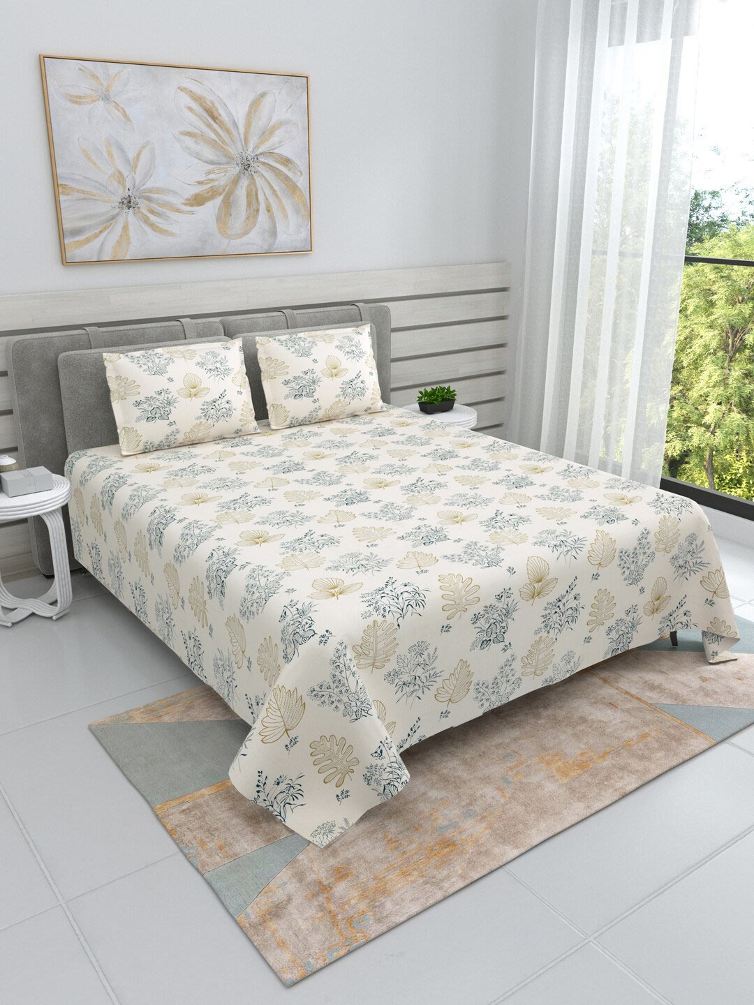 

DREAM WEAVERZ Beige & Blue Floral Cotton 220 TC Super King Bedsheet With 2 Pillow Covers