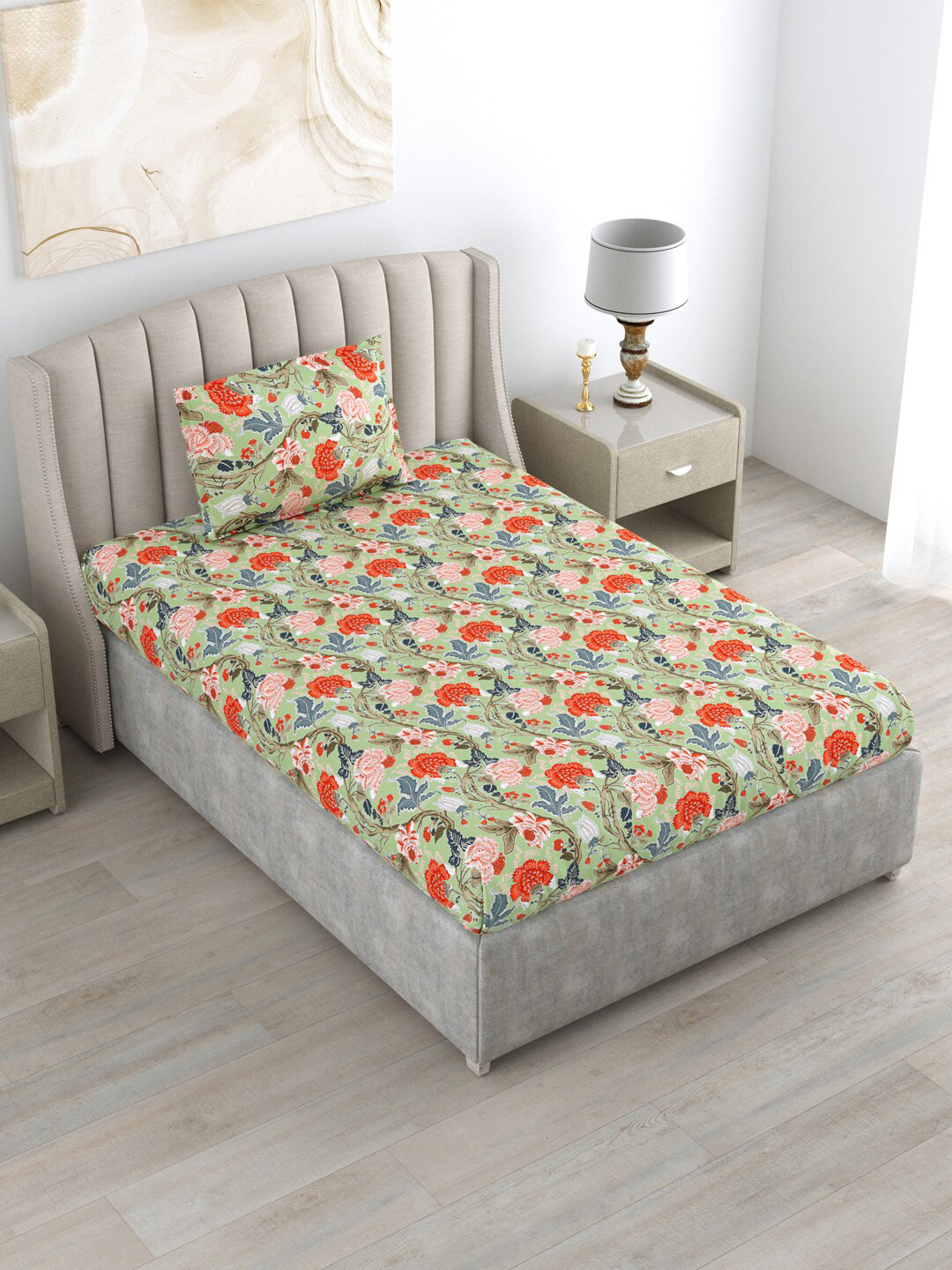 

DREAM WEAVERZ Green & Grey Anokhi Printed Cotton 220 TC Single Bedsheet & 1 Pillow Cover