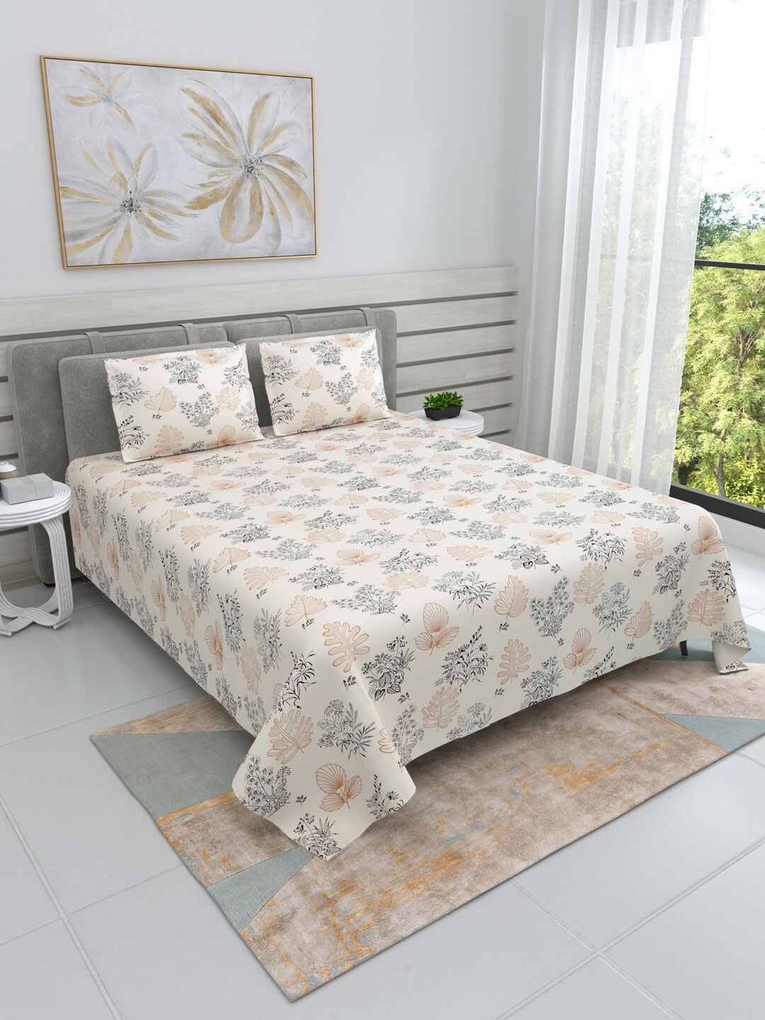 

DREAM WEAVERZ Cream & Brown Floral 220TC Cotton Super King Bedsheet With 2 Pillow Covers, Beige