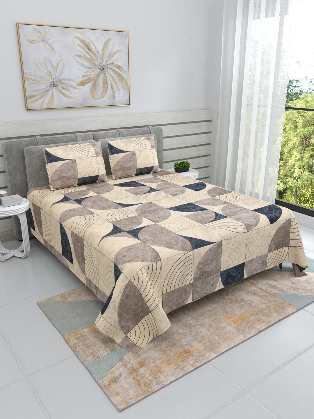 

DREAM WEAVERZ Beige & Grey Geometric Cotton 220 TC King Bedsheet With 2 Pillow Covers