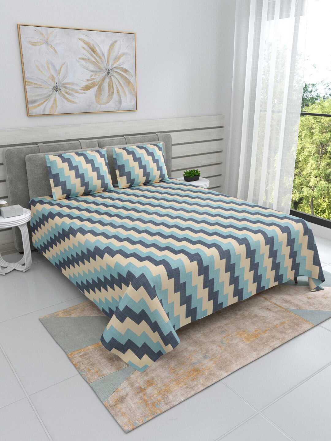 

DREAM WEAVERZ Blue & Beige Geometric Cotton 220 TC King Bedsheet With 2 Pillow Covers