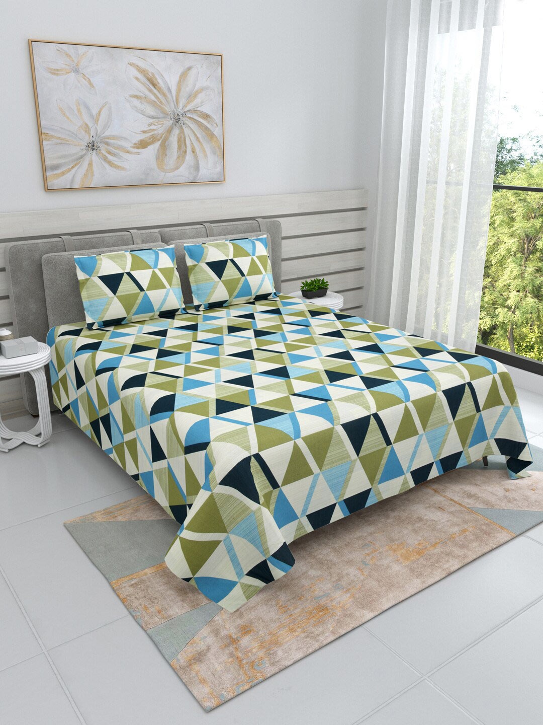

DREAM WEAVERZ Green & Blue Cotton 220 TC Super King Bedsheet with 2 Pillow Covers