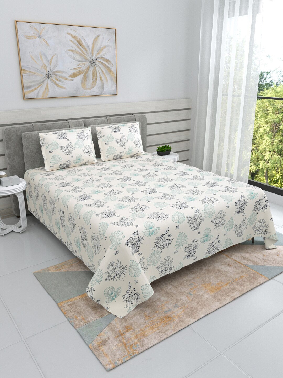 

DREAM WEAVERZ Cream & Blue Floral 220 TC King Bedsheet with 2 Pillow Covers, Beige