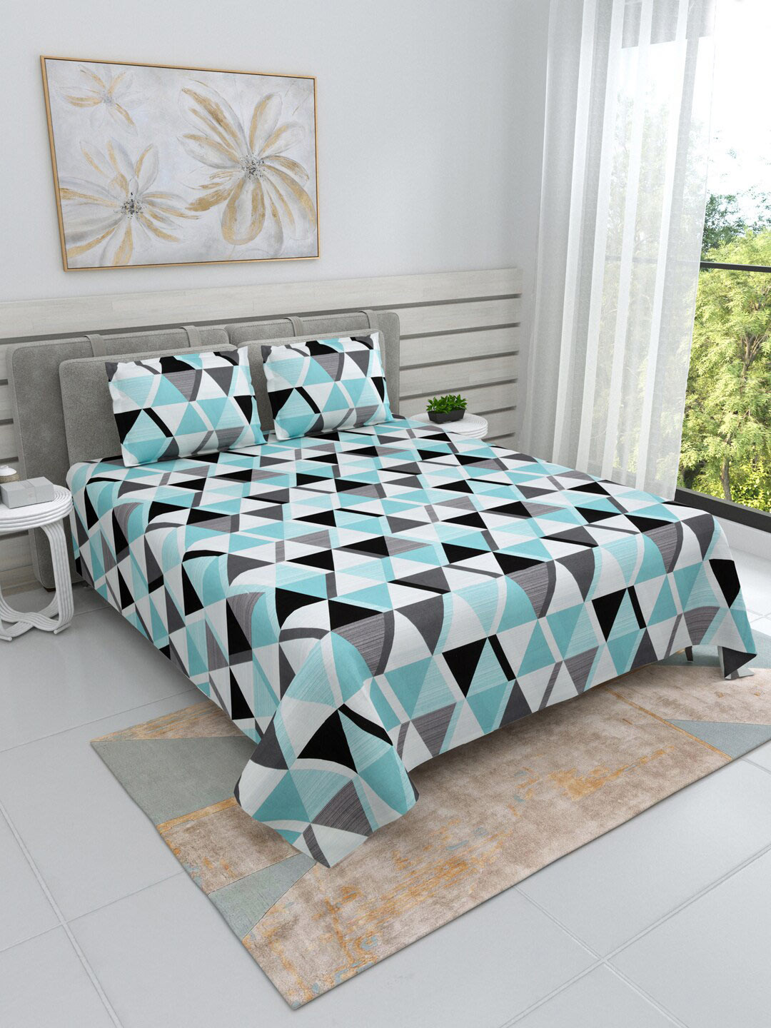 

DREAM WEAVERZ Blue & Grey Geometric Cotton 220 TC King Bedsheet with 2 Pillow Covers