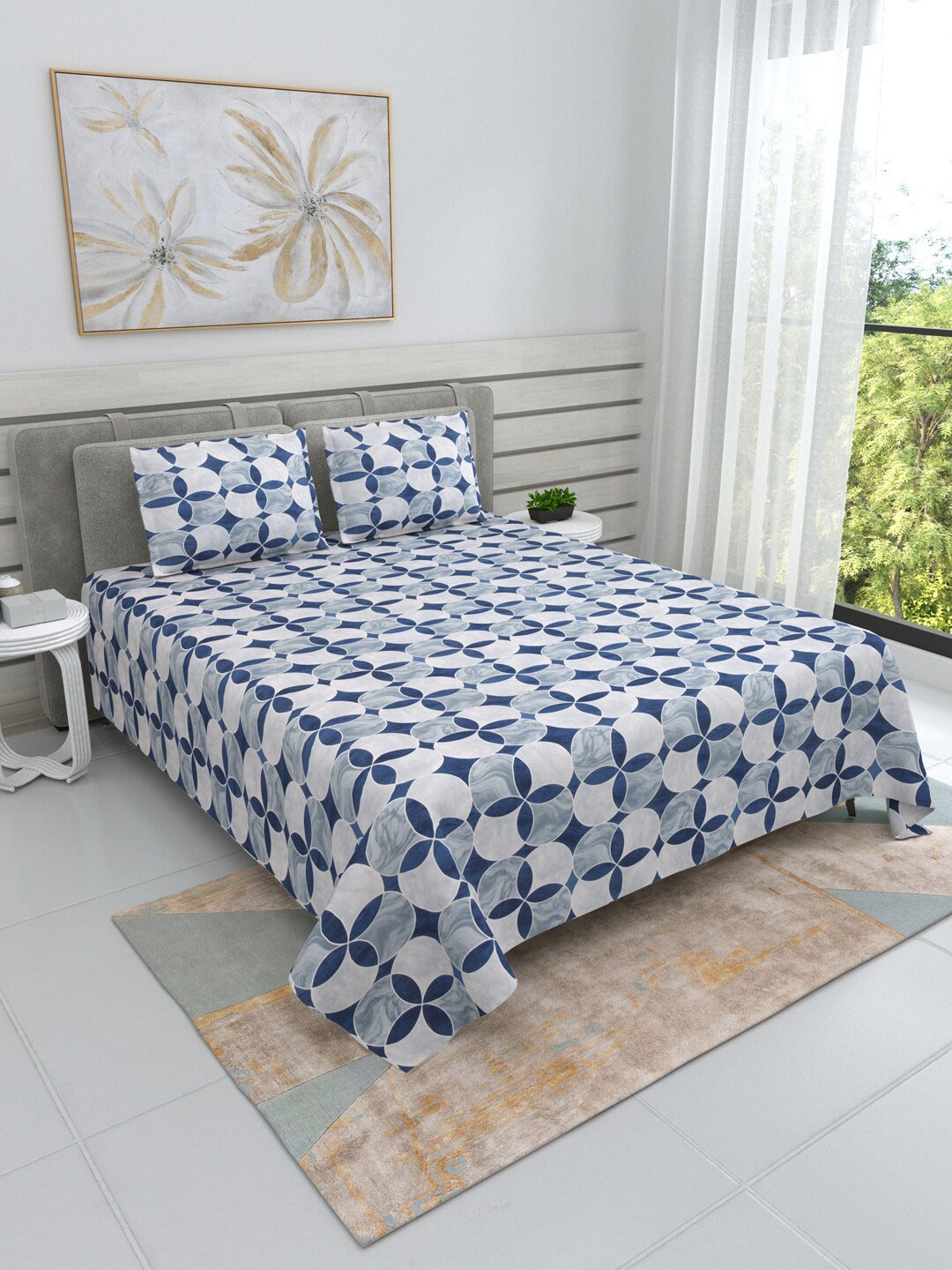 

DREAM WEAVERZ Blue & White Geometric Cotton 220 TC King Bedsheet with 2 Pillow Covers