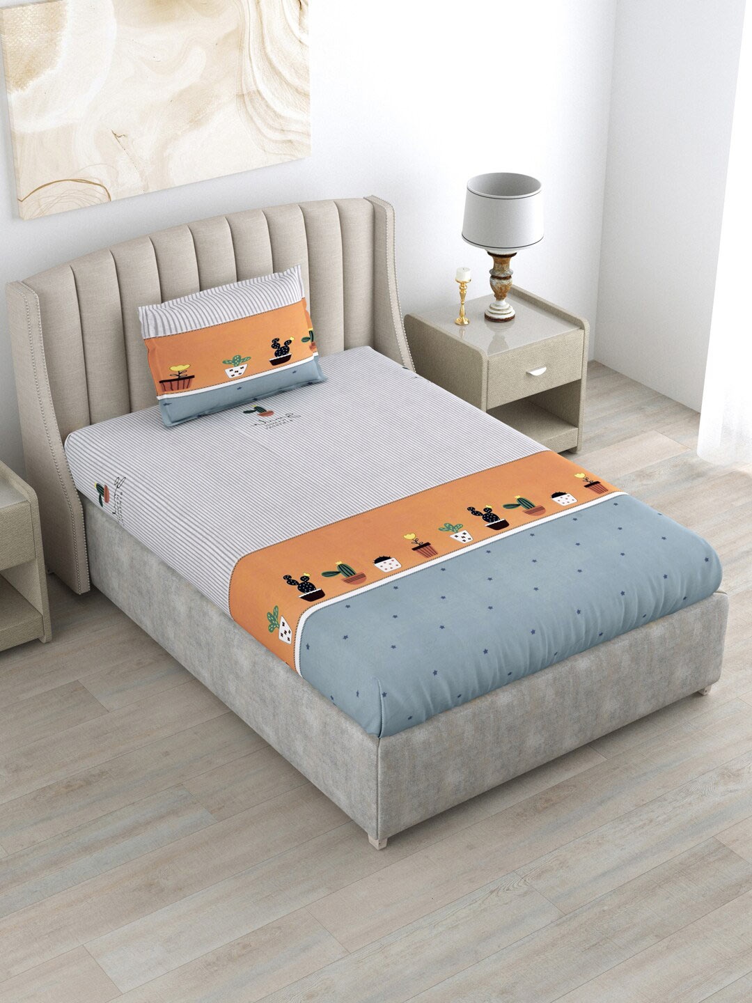 

DREAM WEAVERZ Grey & Blue Striped 220 TC Single Bedsheet With 1 Pillow Cover