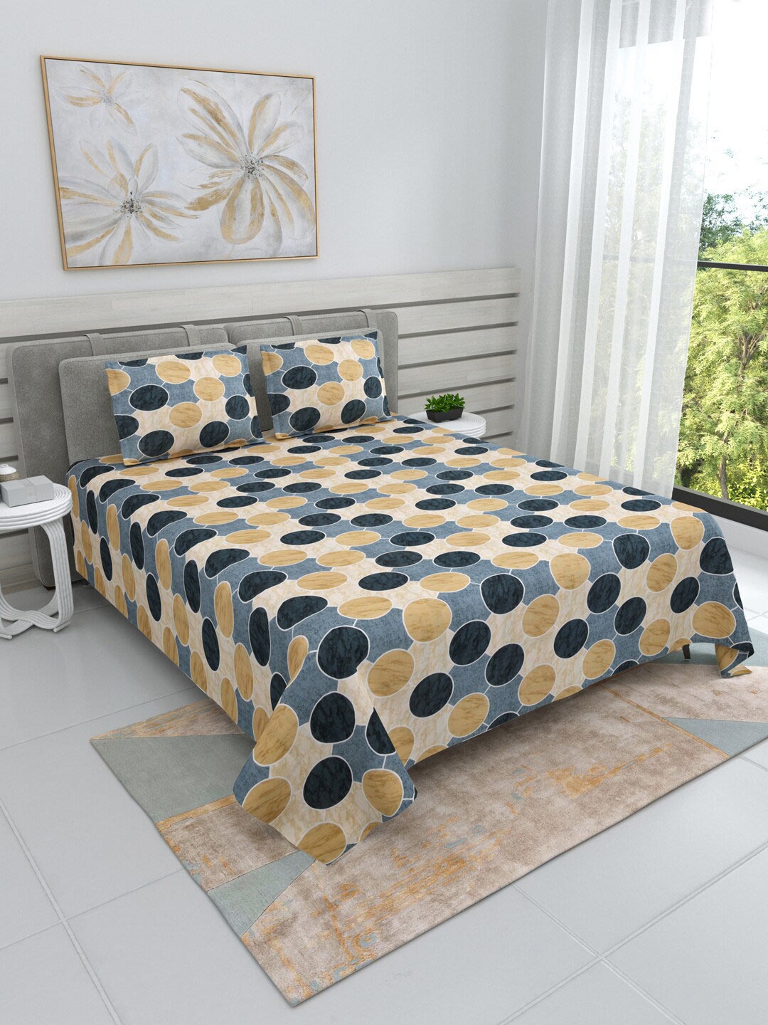 

DREAM WEAVERZ Grey & Beige Geometric Cotton 220 TC King Bedsheet With 2 Pillow Covers