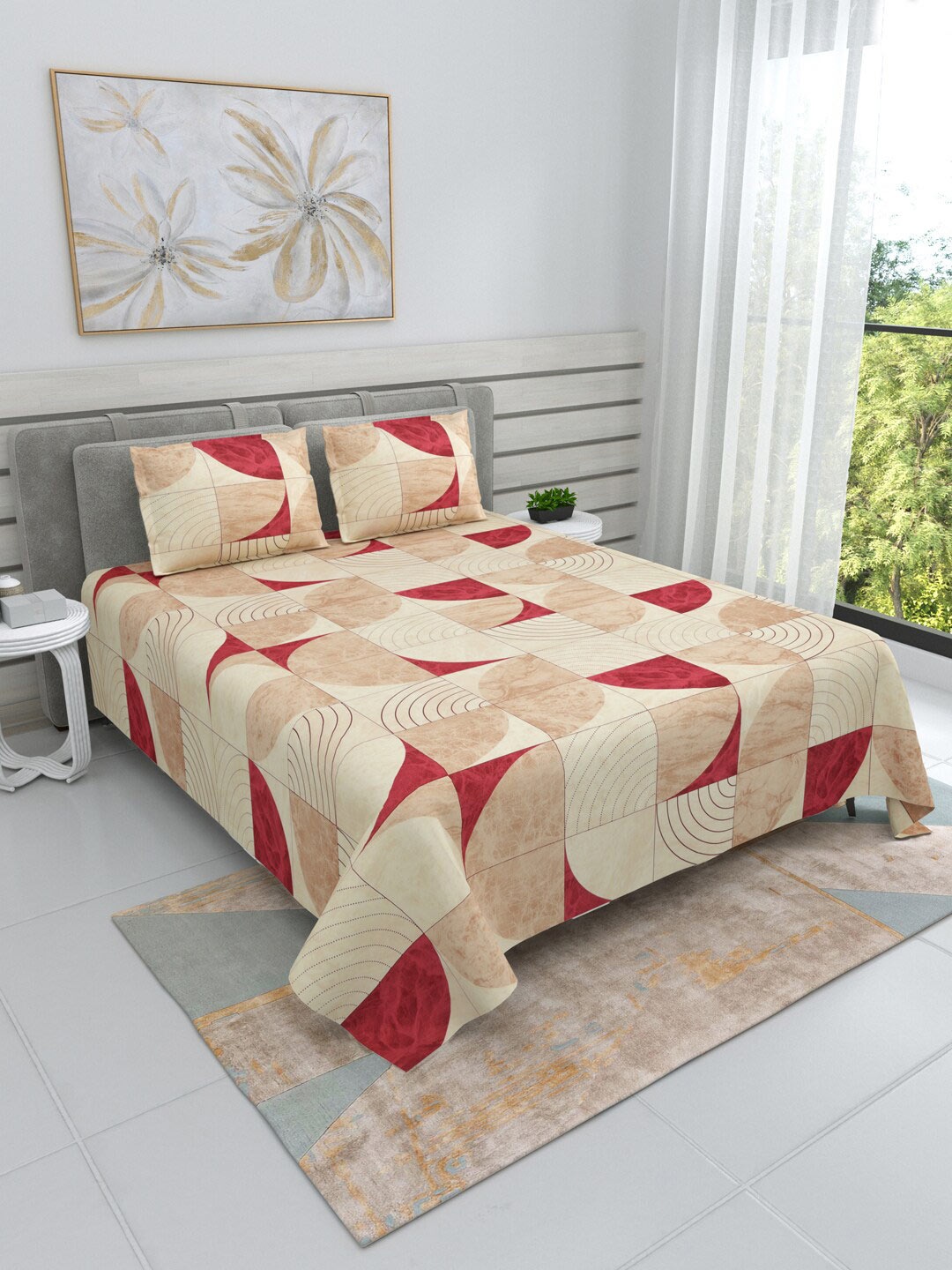 

DREAM WEAVERZ Beige & Red Cotton 220 TC Super King Bedsheet with 2 Pillow Covers