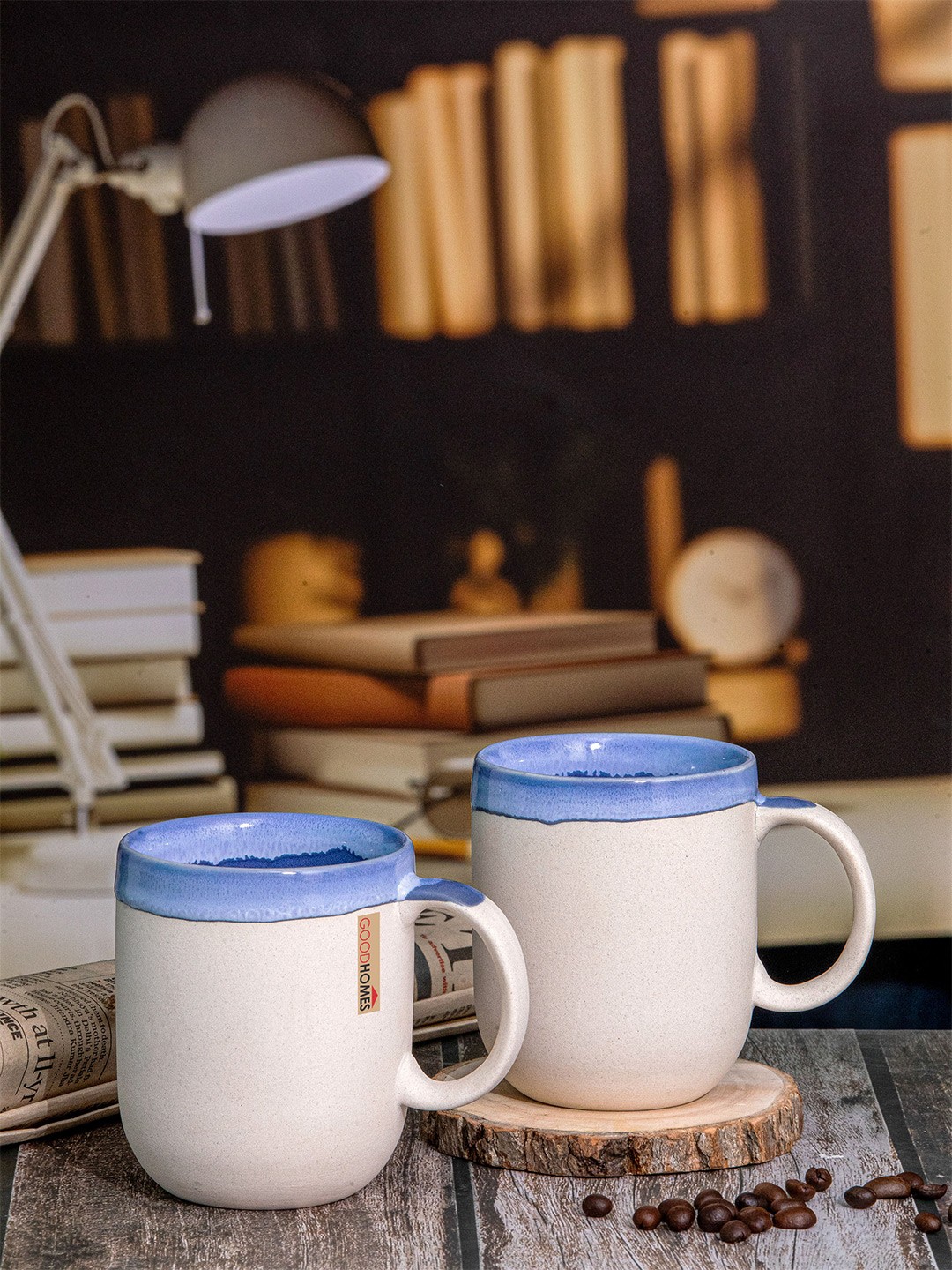 

GOODHOMES White & Blue 2 Pieces Ceramic Glossy Coffee Mugs 300 ml