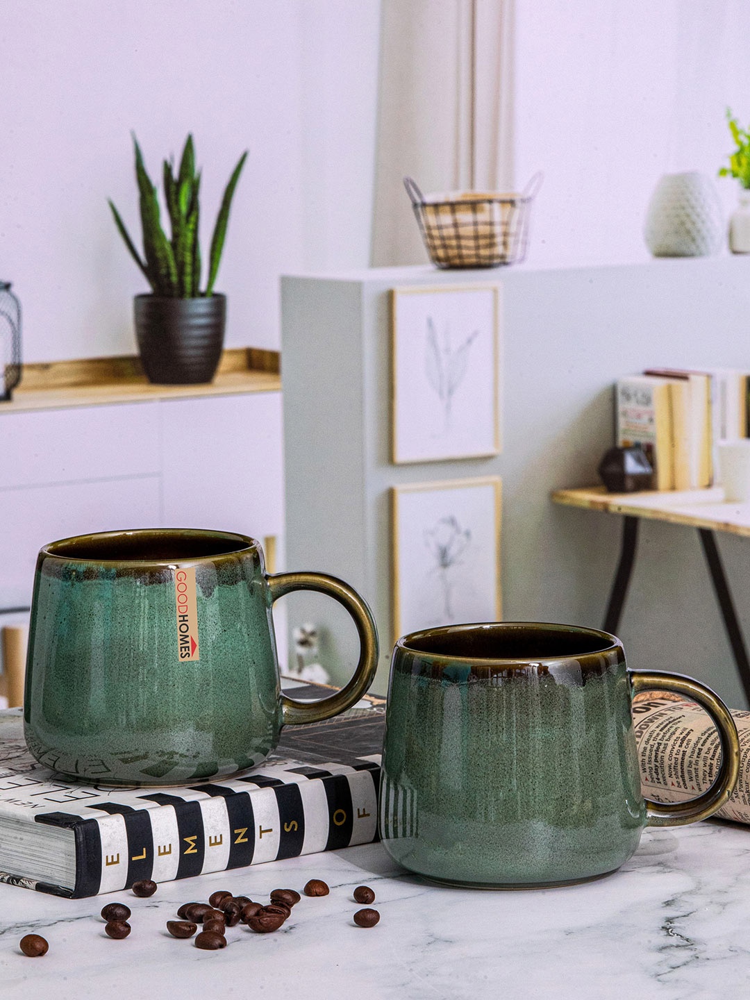 

GOODHOMES Green 2 Pieces Ceramic Glossy Mugs 340 ML Each