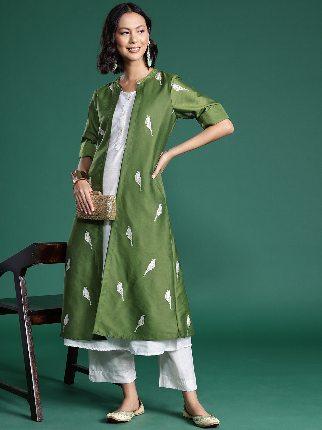 

Sangria Striped Zari Kurta with Trousers with Shrug, Olive