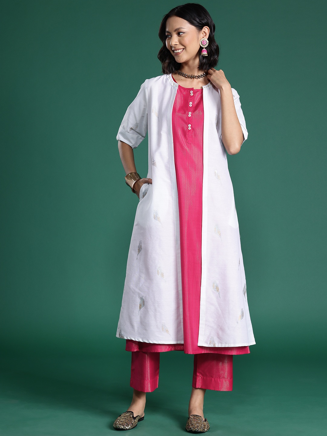 

Sangria Striped Zari Kurta with Trousers with Shrug, White