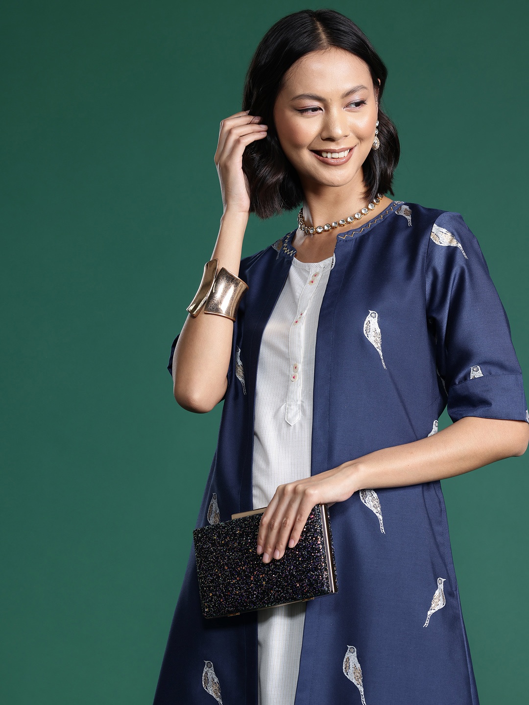 

Sangria Striped Zari Kurta with Trousers with Shrug, Blue