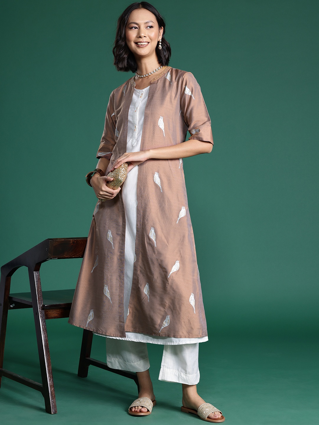 

Sangria Striped Zari Kurta with Trousers with Shrug, Brown