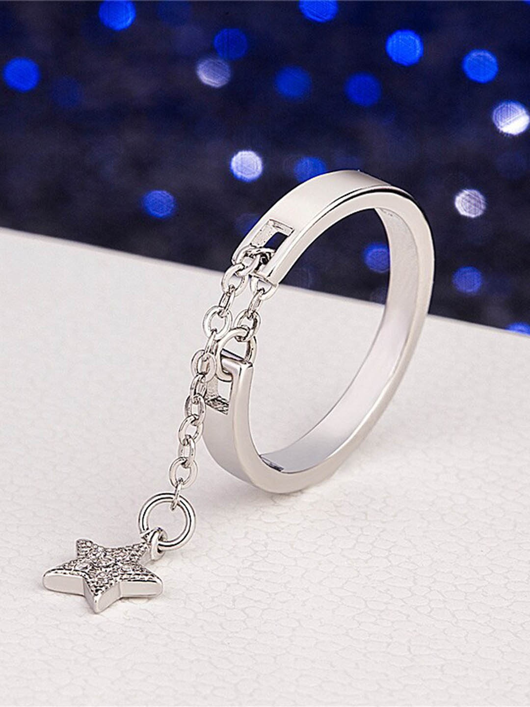 

MYKI Silver-Plated CZ-Studded Chain Star Detail Finger Ring