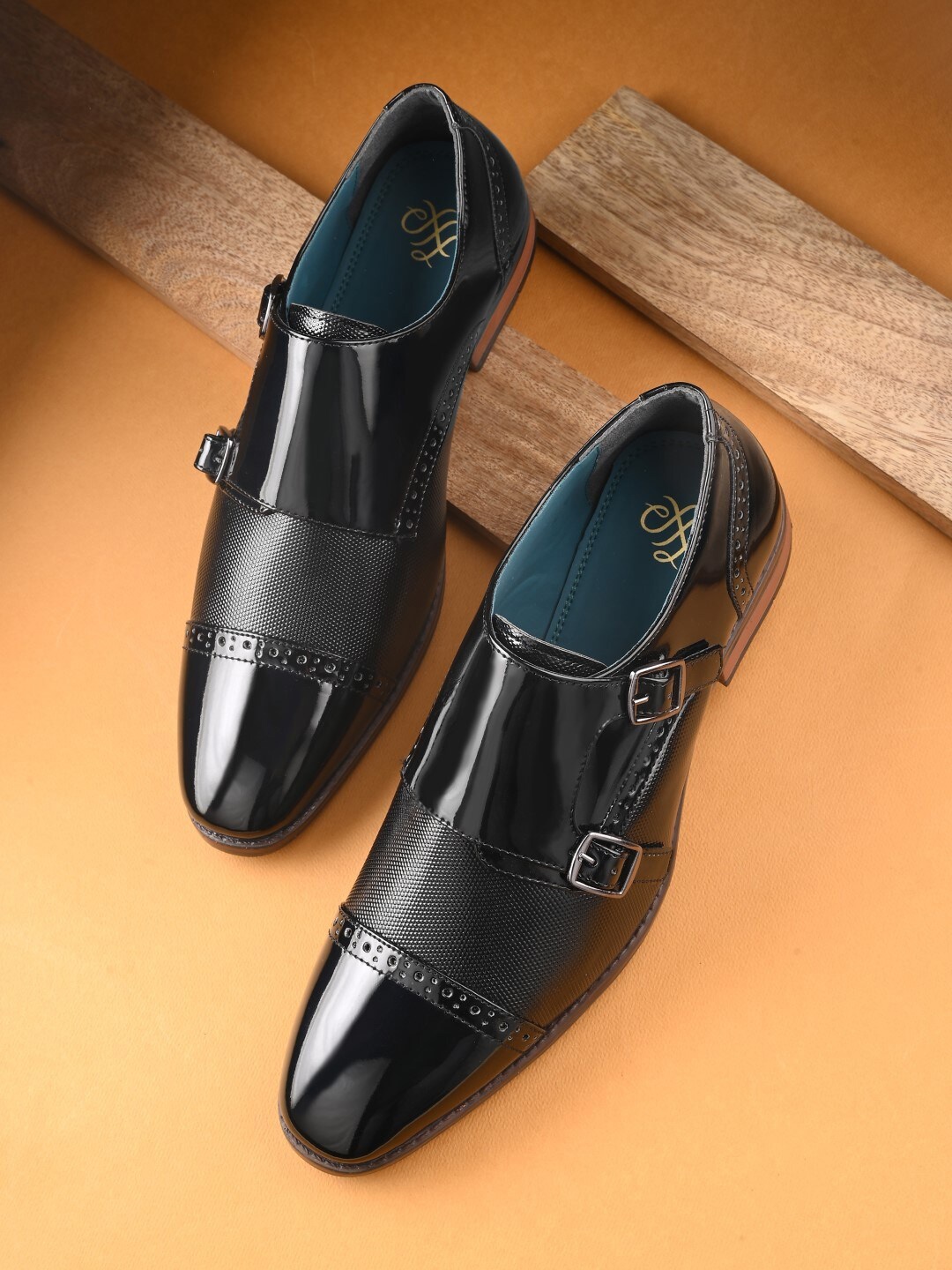 

House of Pataudi Men Textured Double Strap Formal Monk Shoes, Black