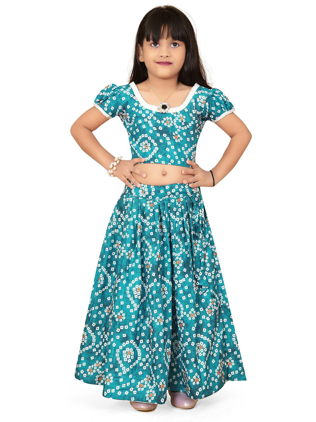 

BAESD Girls Printed Puffed Sleeves Ready to Wear Lehenga & Blouse, Teal