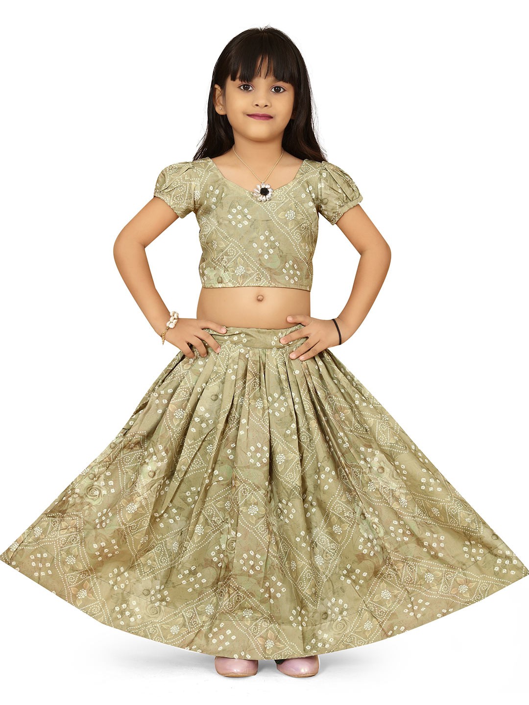 

BAESD Girls Bandhani Printed Ready to Wear Lehenga & Blouse, Sea green