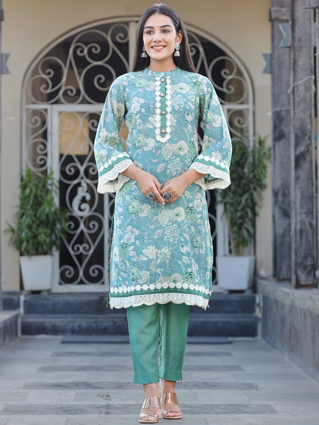 

Yufta Floral Printed Pure Silk Kurta With Trouser, Sea green