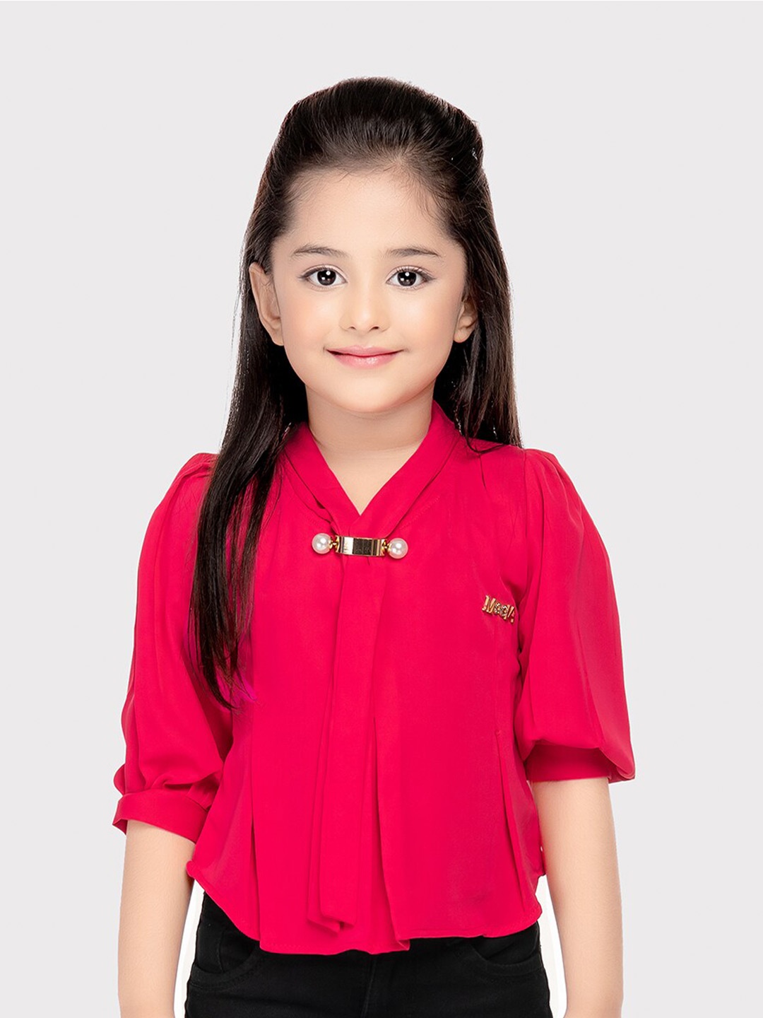 

Tiny Kingdom Girls Cuffed Sleeves Pleated Regular Top, Pink