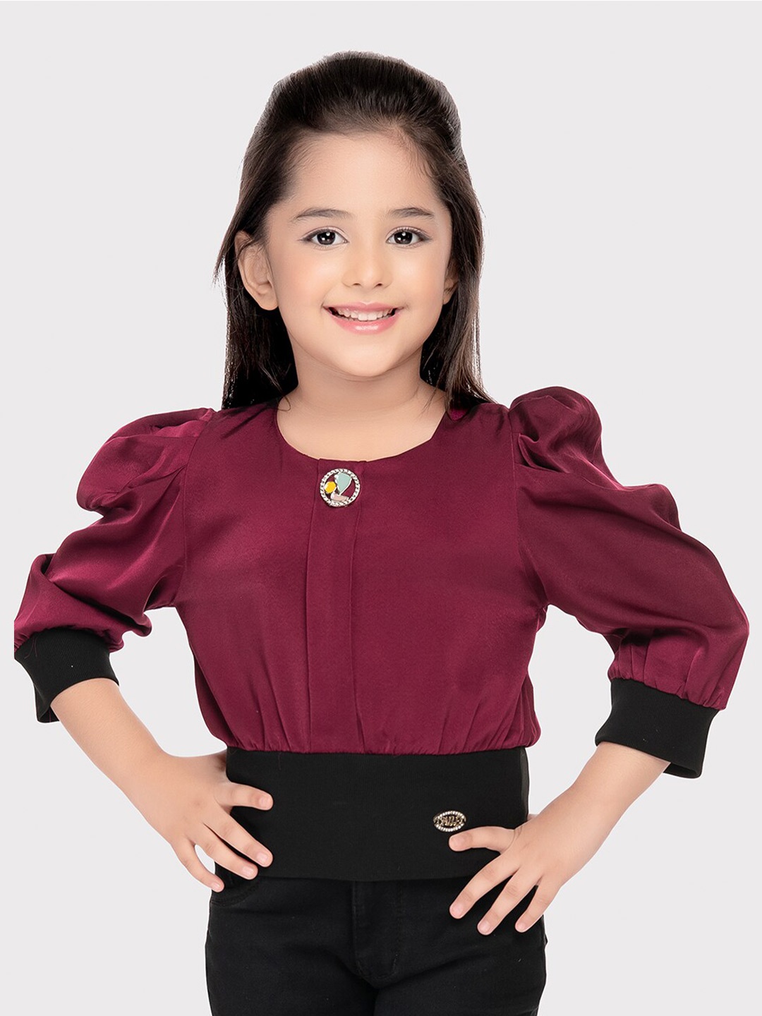

Tiny Kingdom Puff Sleeves Blouson Top, Burgundy