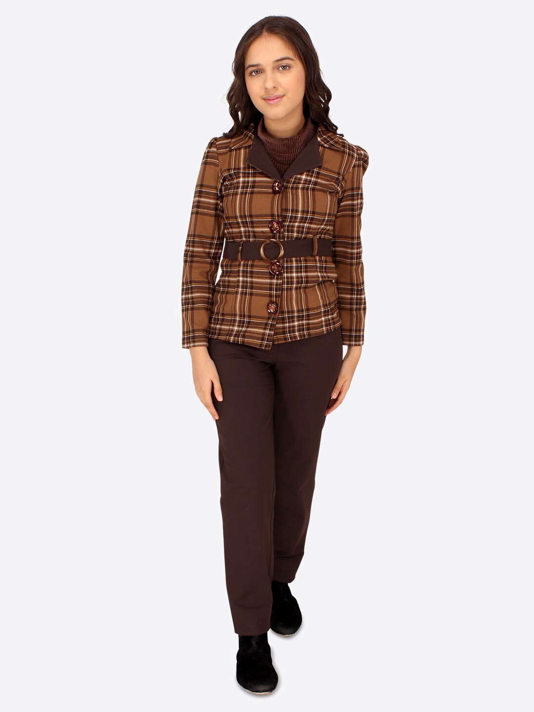

CUTECUMBER Girls Checked Coat with Trousers, Brown