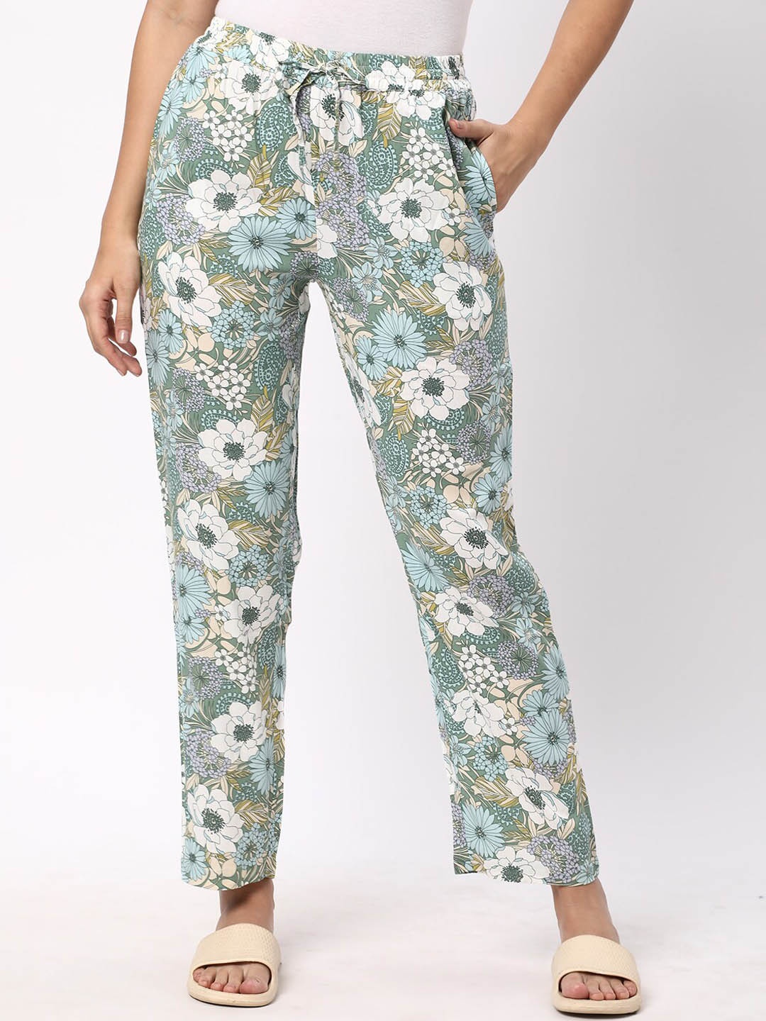 

R&B Women Floral Printed Lounge Pants, Sea green