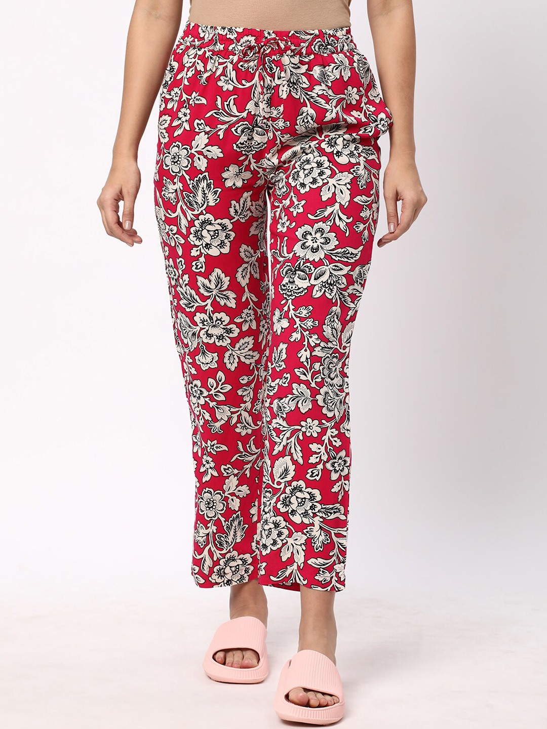 

R&B Women Floral Printed Mid Rise Lounge Pants, Red