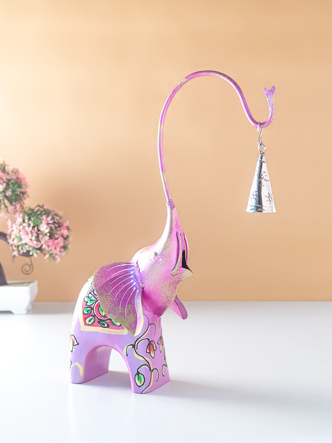 

Golden Peacock Pink Elephant Figurine Showpiece