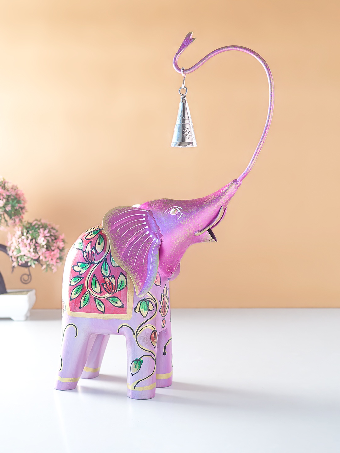 

Golden Peacock Pink Elephant Figurine Showpiece