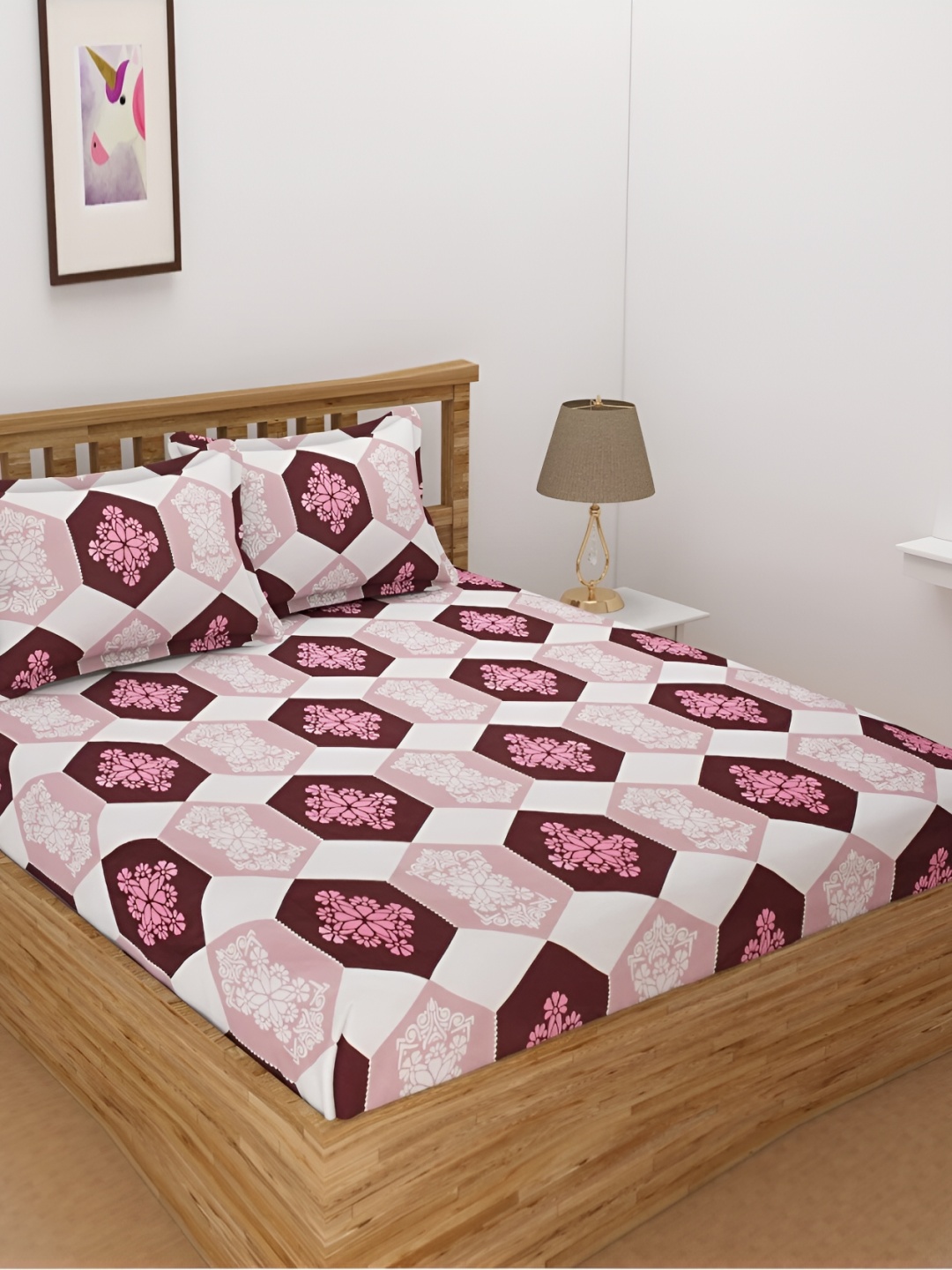 

dulce vida Pink & White Floral Cotton 130 TC Queen Bedsheet with 2 Pillow Covers