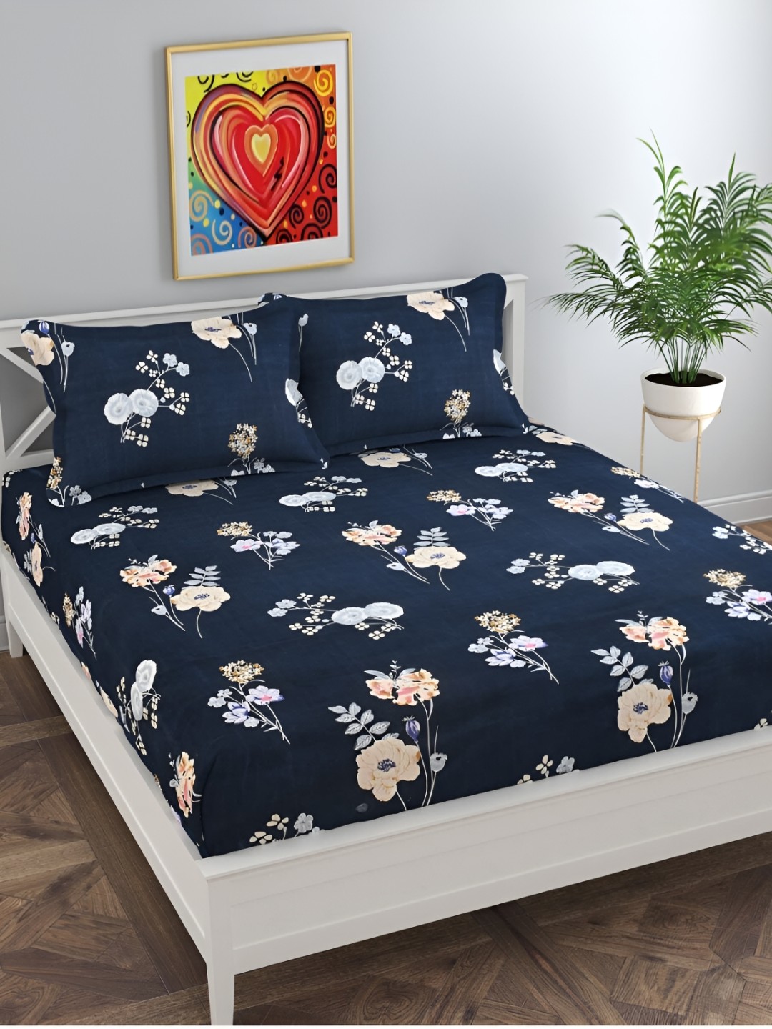 

dulce vida Navy Blue & Off White Floral Cotton 130 TC Single Bedsheet with 1 Pillow Cover