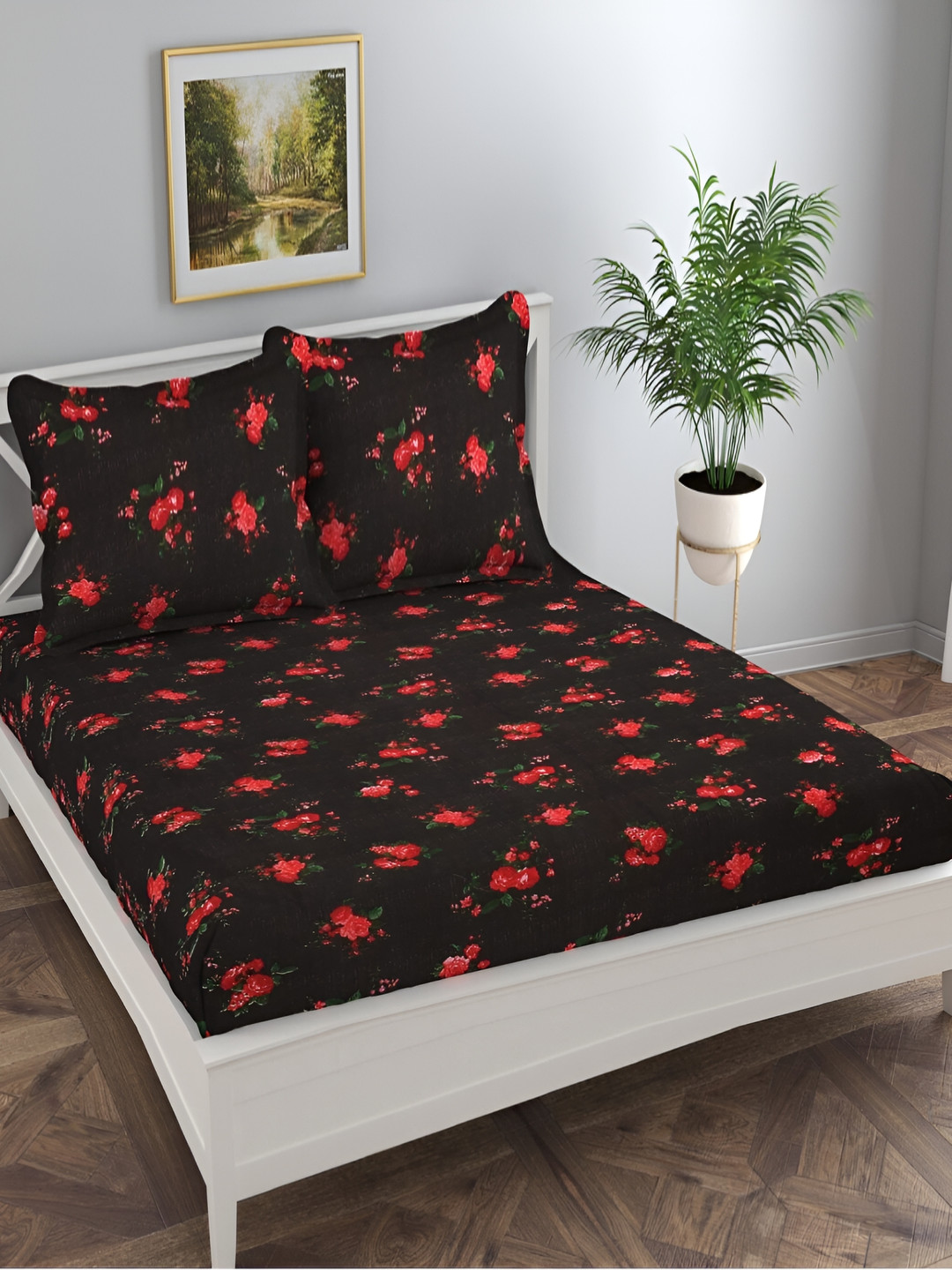 

dulce vida Coffee Brown & Red Floral Cotton130 TC King Bedsheet with 2 Pillow Covers
