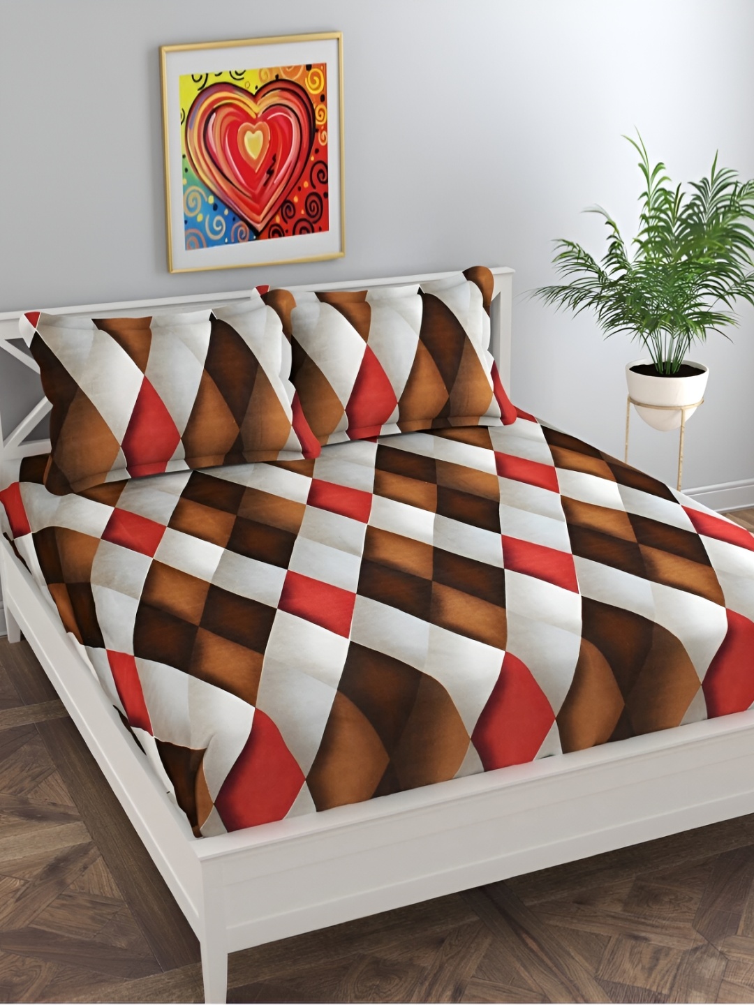 

dulce vida White & Red Geometric Cotton 130 TC Queen Bedsheet with 2 Pillow Covers