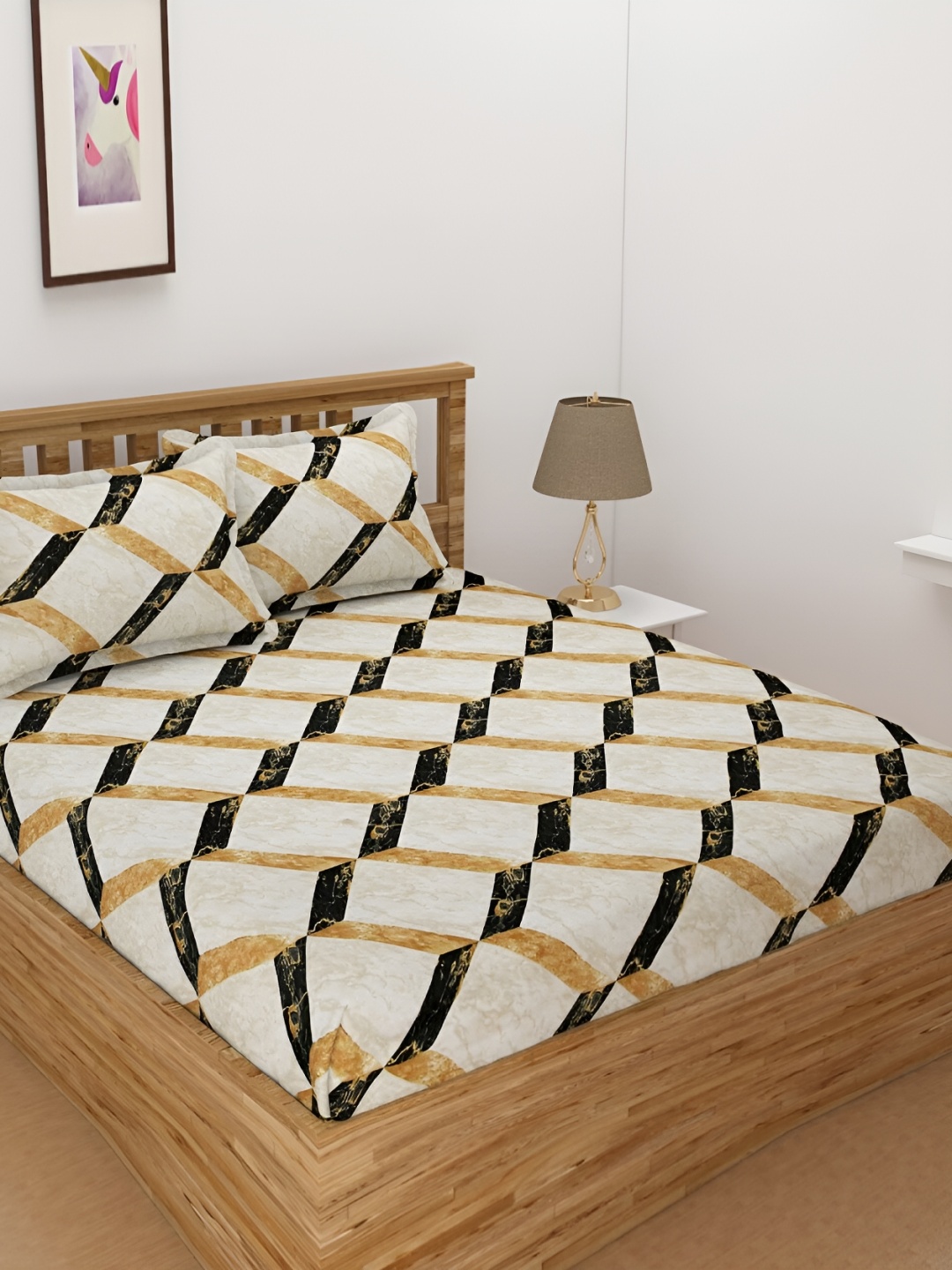 

dulce vida Beige & Black Geometric Cotton 130 TC King Bedsheet with 2 Pillow Covers