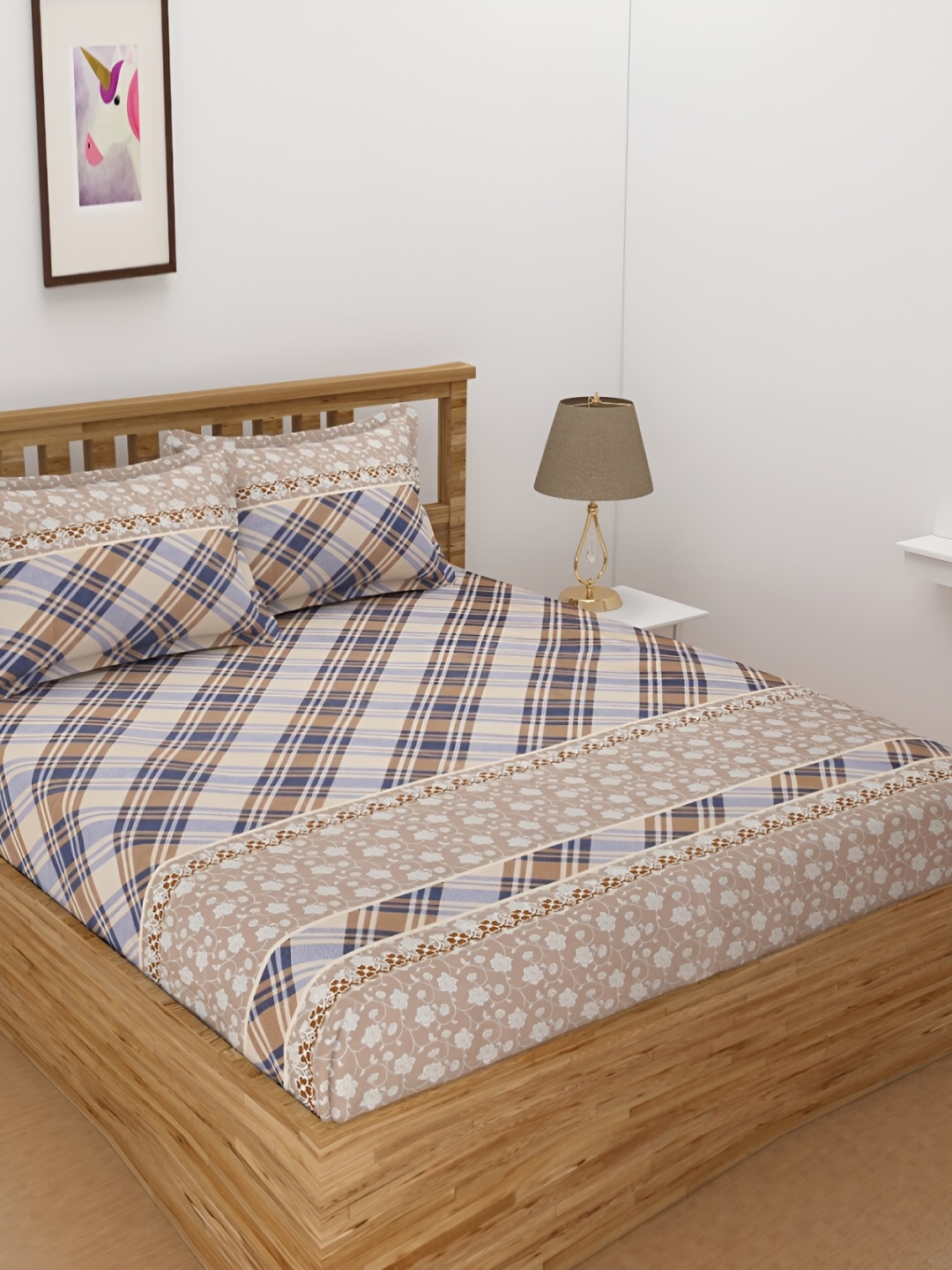

dulce vida Brown & Blue Geometric Cotton 130 TC Single Bedsheet With 1Pillow Cover