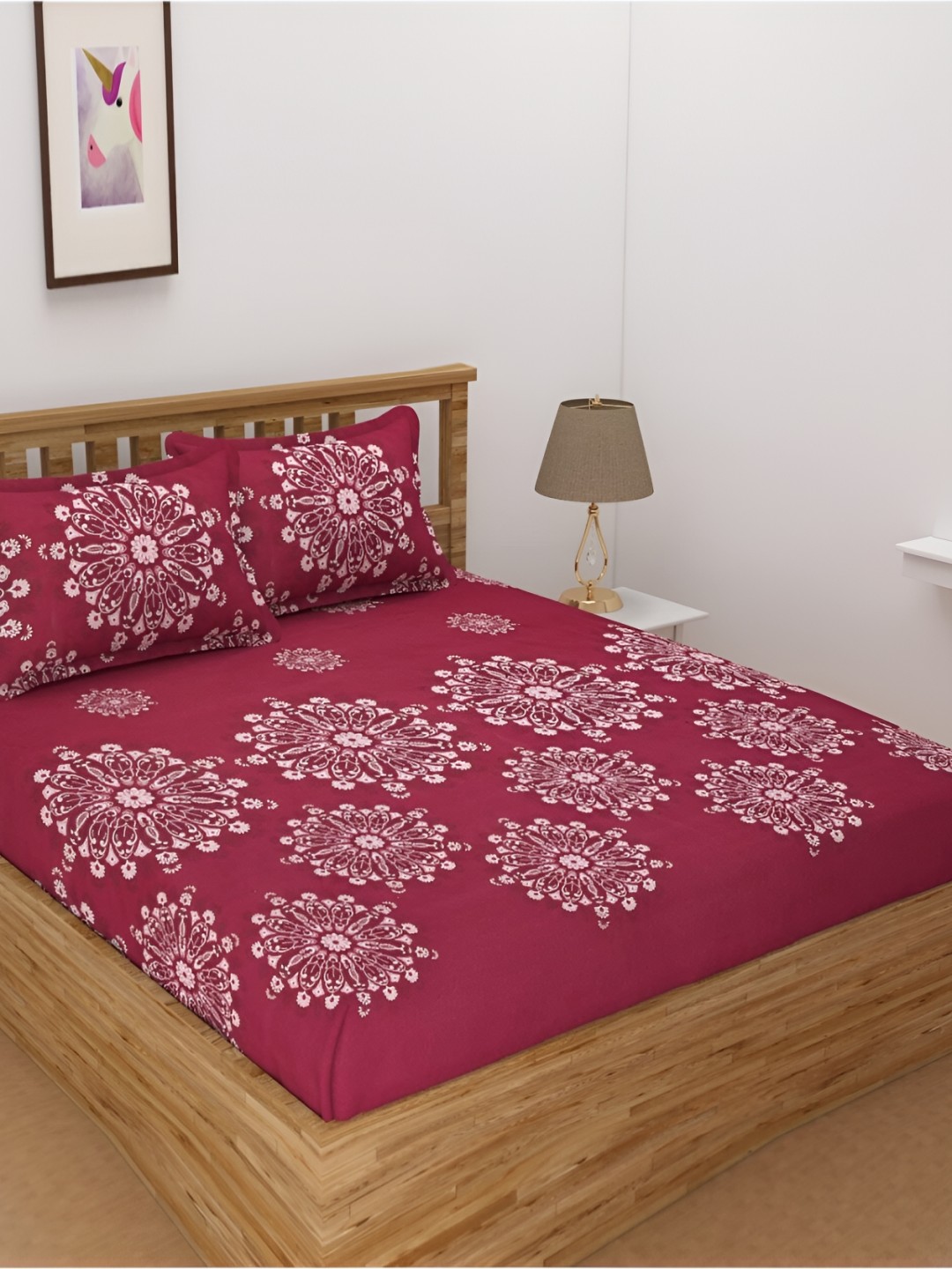 

dulce vida Maroon & White Floral Cotton 130 TC Queen Bedsheet with 2 Pillow Covers