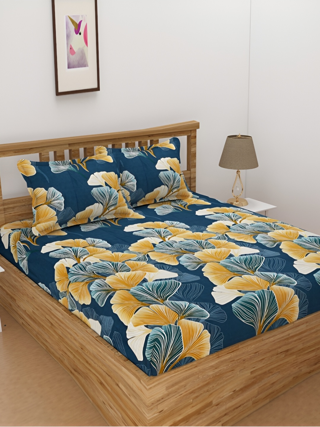 

dulce vida Blue & Yellow Floral Cotton 130 TC King Bedsheet with 2 Pillow Covers