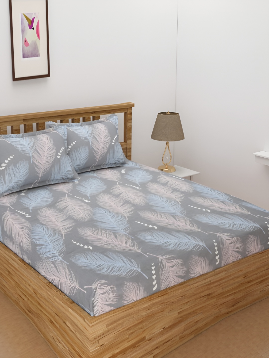 

dulce vida Grey & Blue Floral Cotton 130 TC Single Bedsheet with Pillow Cover