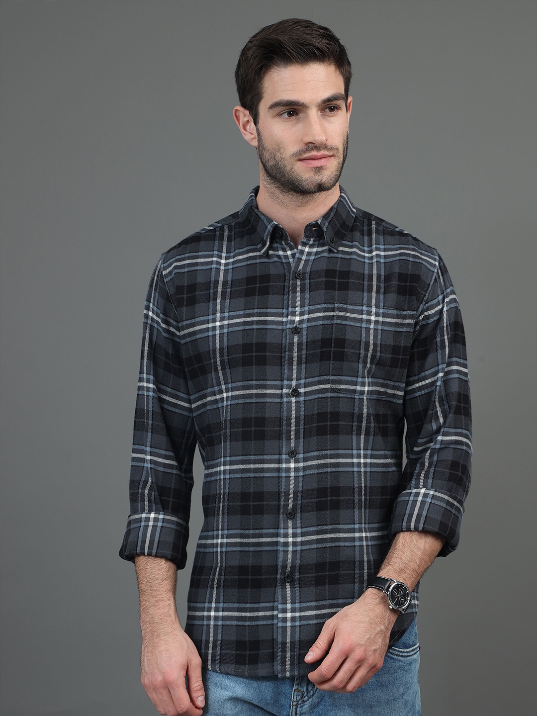 

HERE&NOW Slim Fit Tartan Checked Button-Down Collar Casual Shirt, Grey