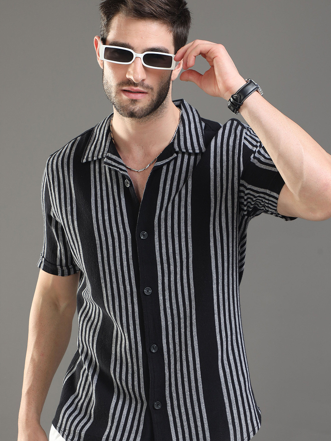 

HERE&NOW Slim Fit Vertical Striped Cotton Casual Shirt, Black