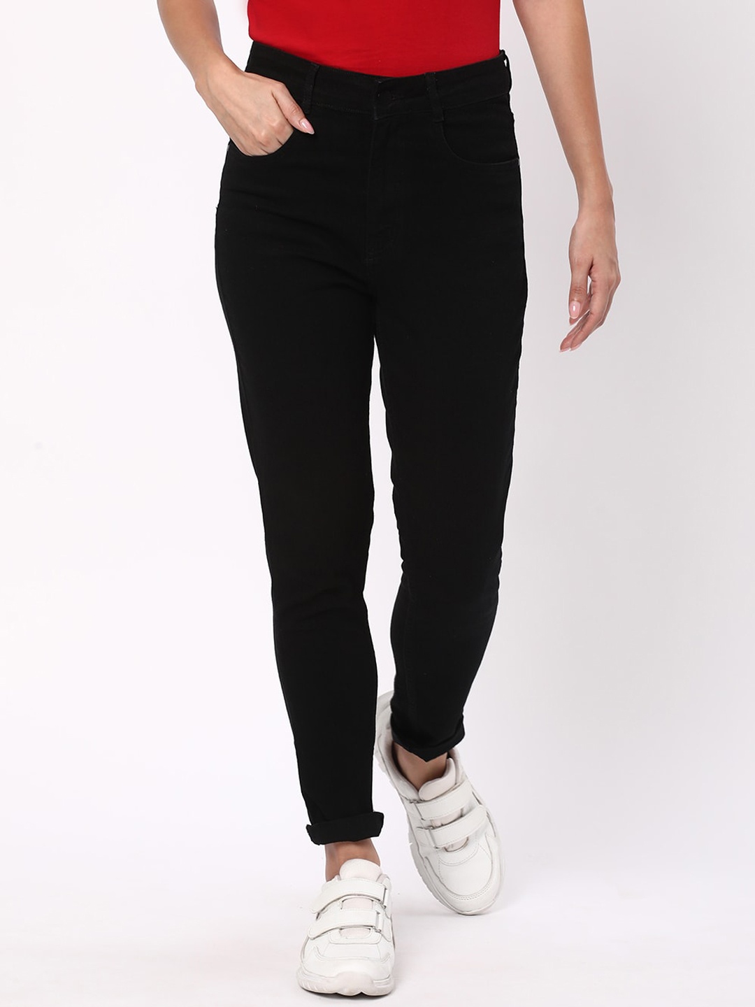 

R&B Women Skinny Fit High-Rise Dark Shade Clean Look Cotton Jeans, Black