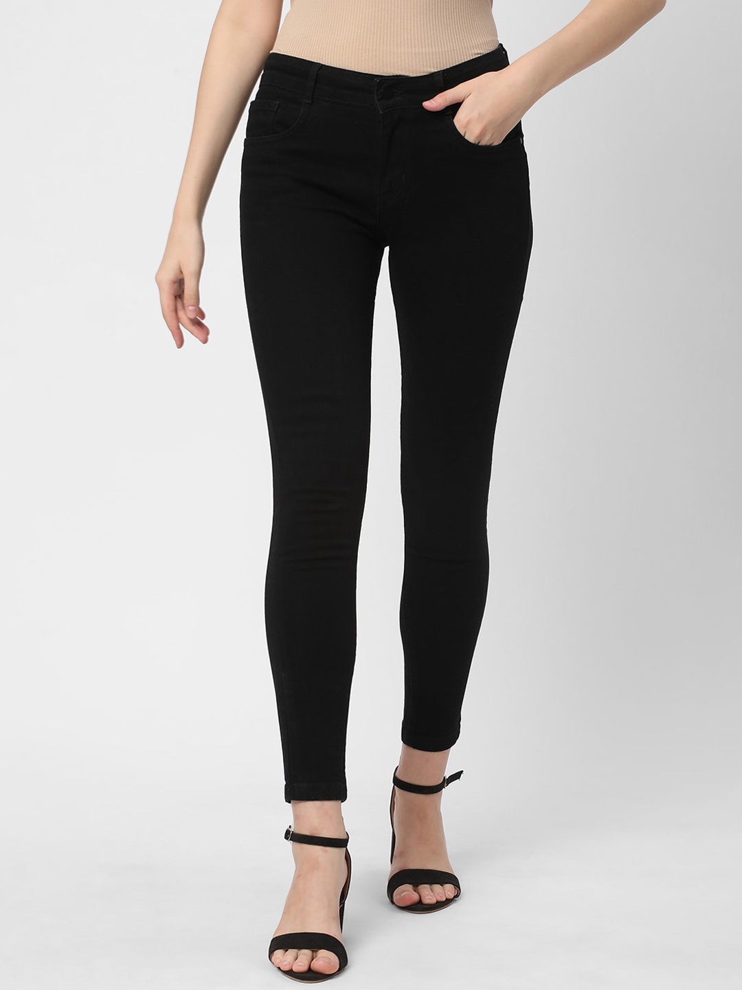 

R&B Women Skinny Fit Mid-Rise Cotton Jeans, Black