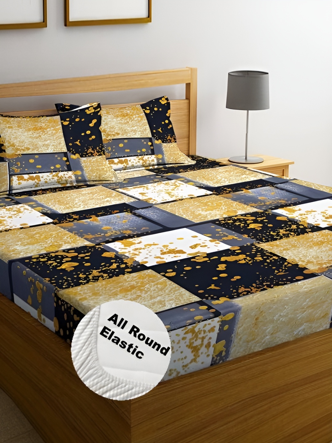 

HOMECRUST Yellow & Grey Geometric 210 TC Queen Bedsheet with 2 Pillow Covers