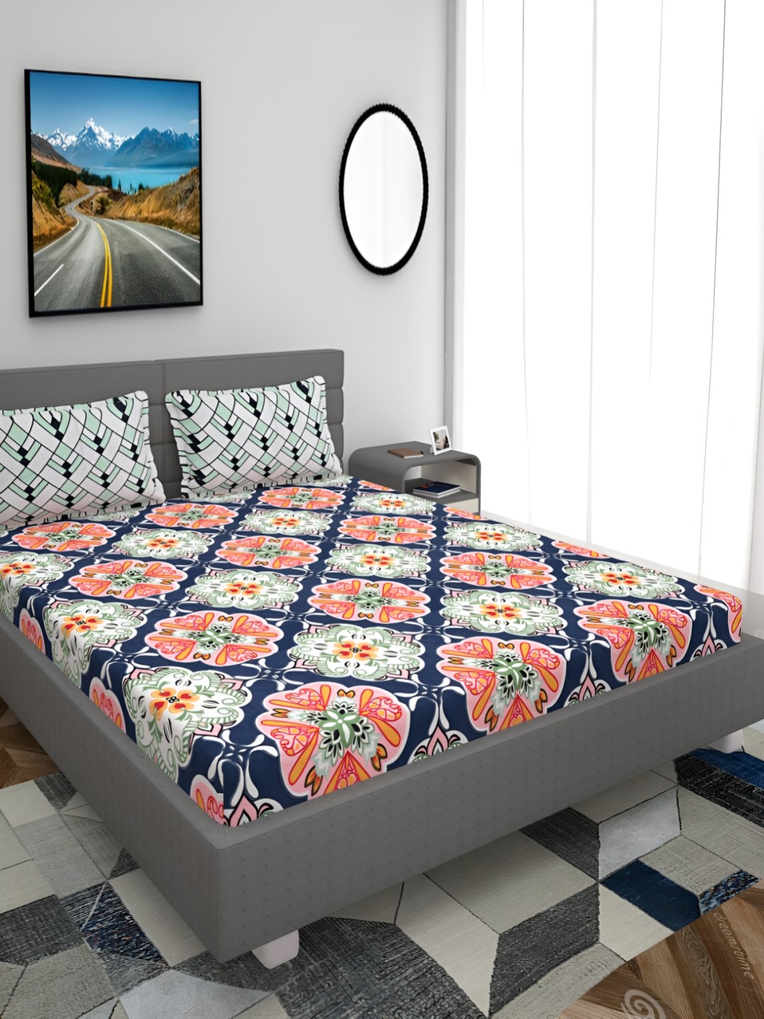 

HOMECRUST White & Blue Printed Fitted 200 TC Queen Bedsheet With 2 Pillow Covers