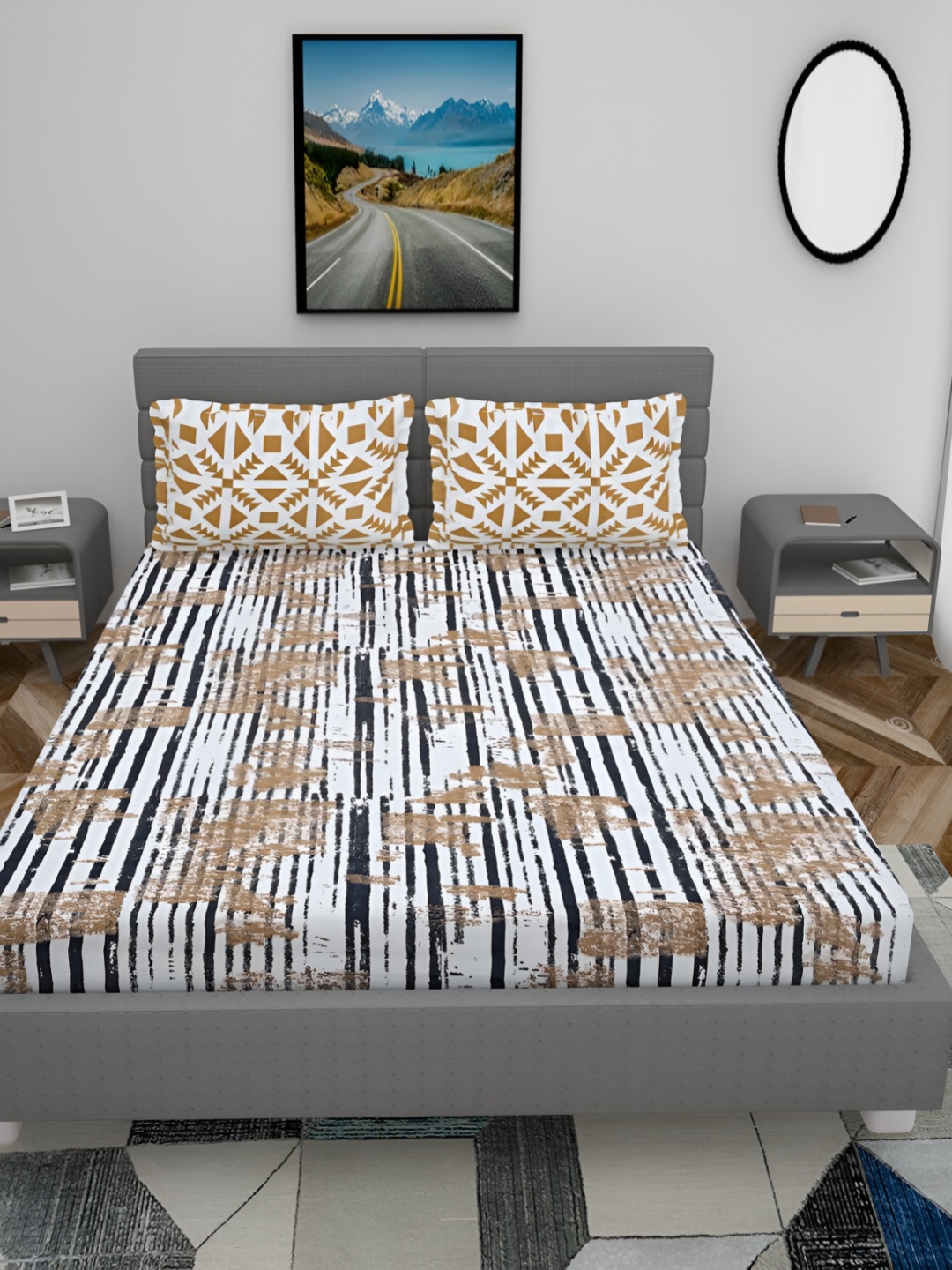 

HOMECRUST White & Brown Printed Fitted 200 TC Queen Bedsheet With 2 Pillow Covers
