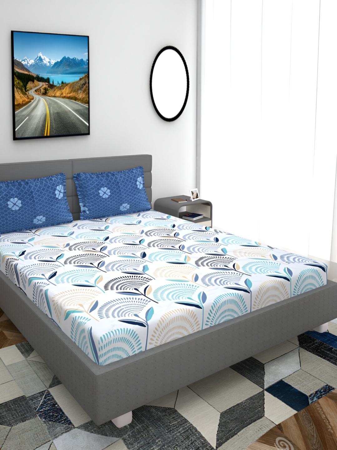 

HOMECRUST Blue & Black Floral 200 TC Queen Bedsheet with 2 Pillow Covers